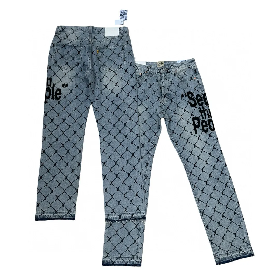 -Size upper body P240#G786 GALLERY DEPT. Steel mesh letter printed slim jeans jeans casual group trendy American slim men's and women's trousers Color: blue Size: S-XXL (corresponding to 28-36)